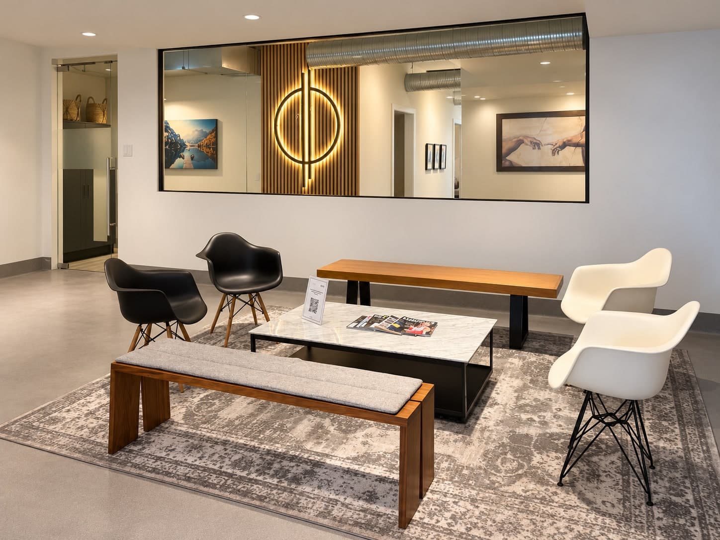 Waiting area with two black and two white molded chairs, a wooden bench with a grey cushion, a marble-top coffee table with magazines, a backlit circular wall feature, and a large framed print of hands