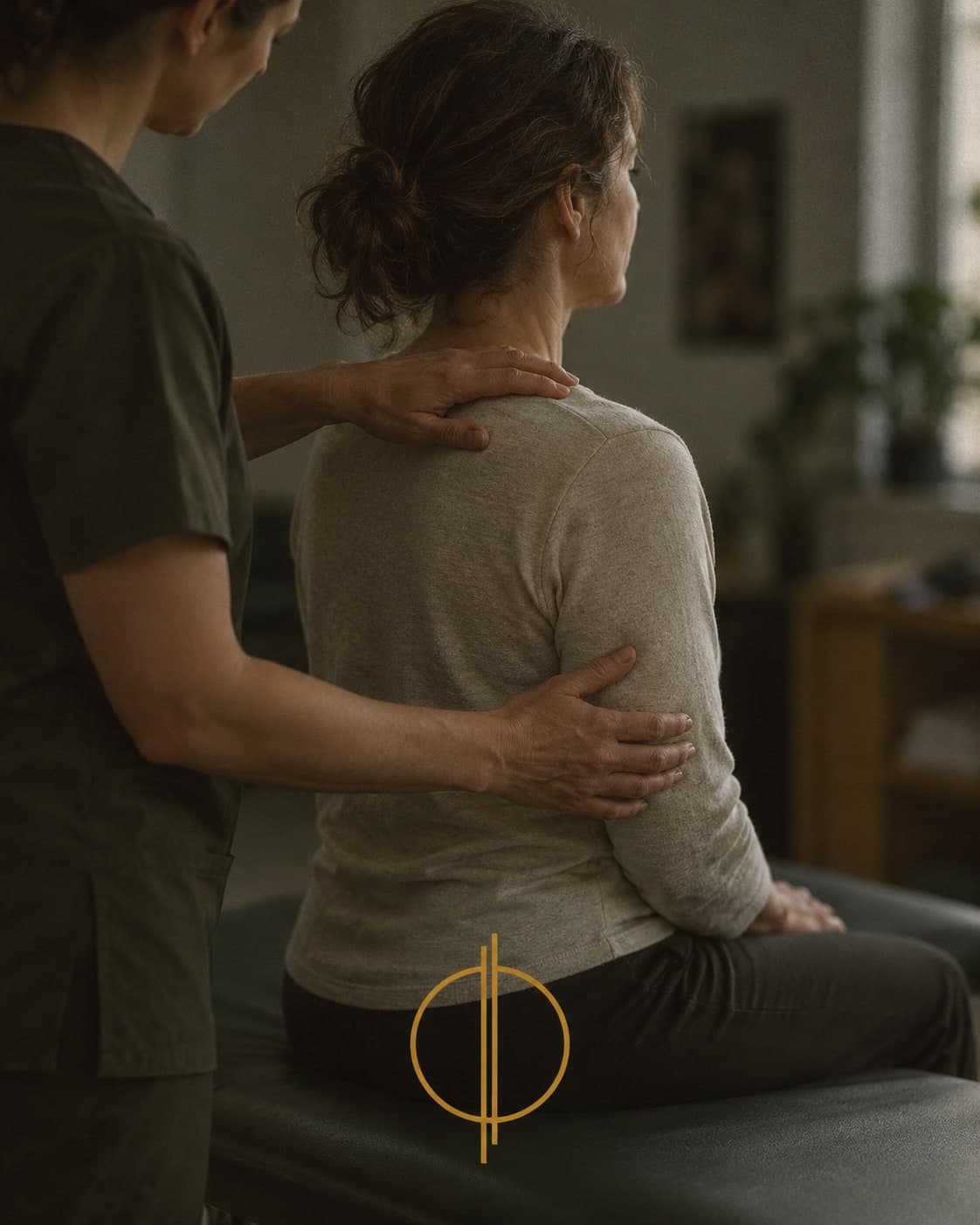 A clinician with hands on the shoulder and upper arm of a seated patient in a treatment room, patient facing away from camera, Calgary