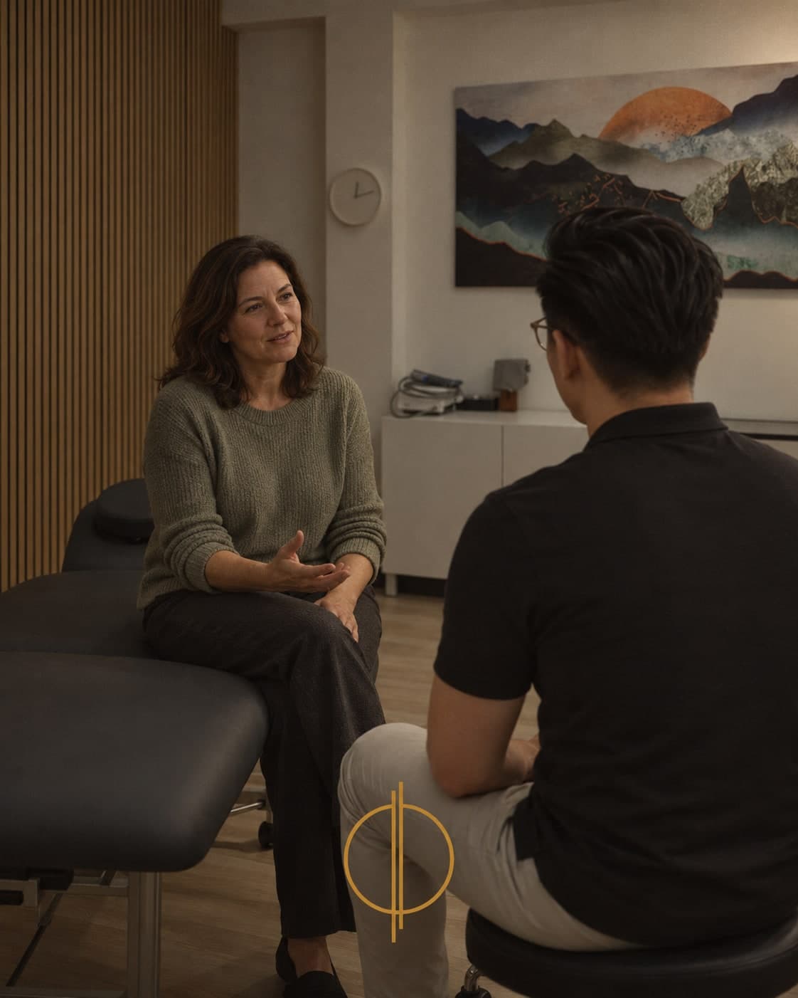 A woman in a green knit sweater and dark trousers sits on a treatment table and talks with a man in a black polo shirt seated on a stool facing her, in a bright treatment room with a mountain sunset painting on the wall, Calgary