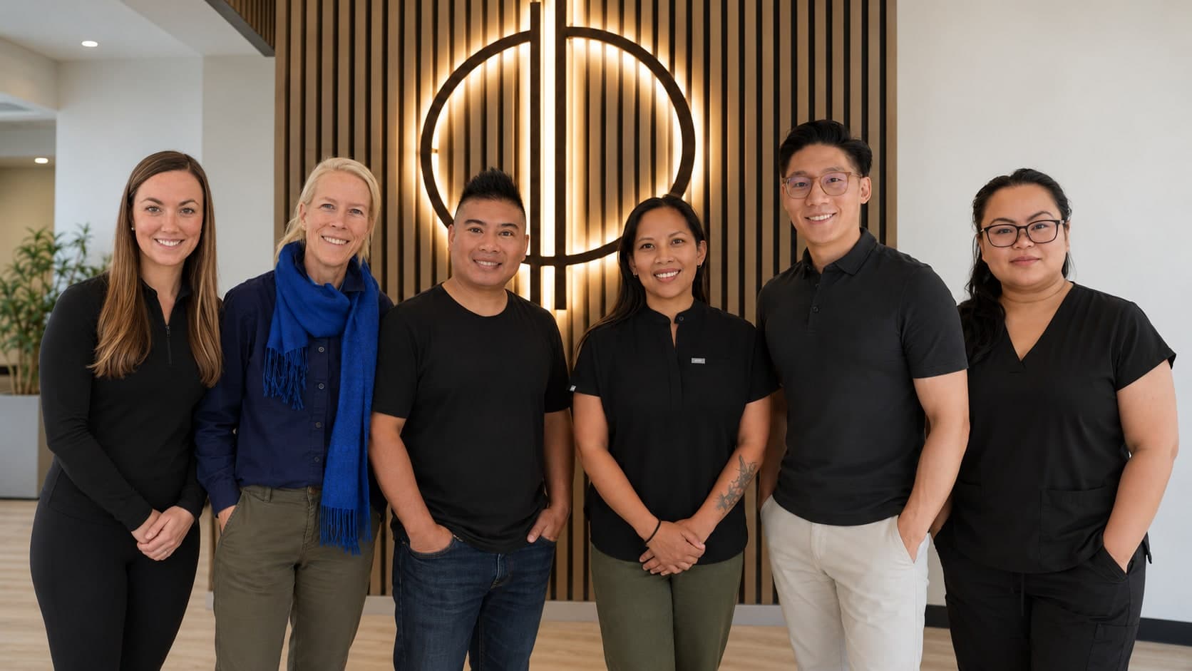 Group portrait of six smiling team members standing in front of a lit wooden slat wall with a circular dark metal emblem, in a bright clinic reception area in Calgary, AB